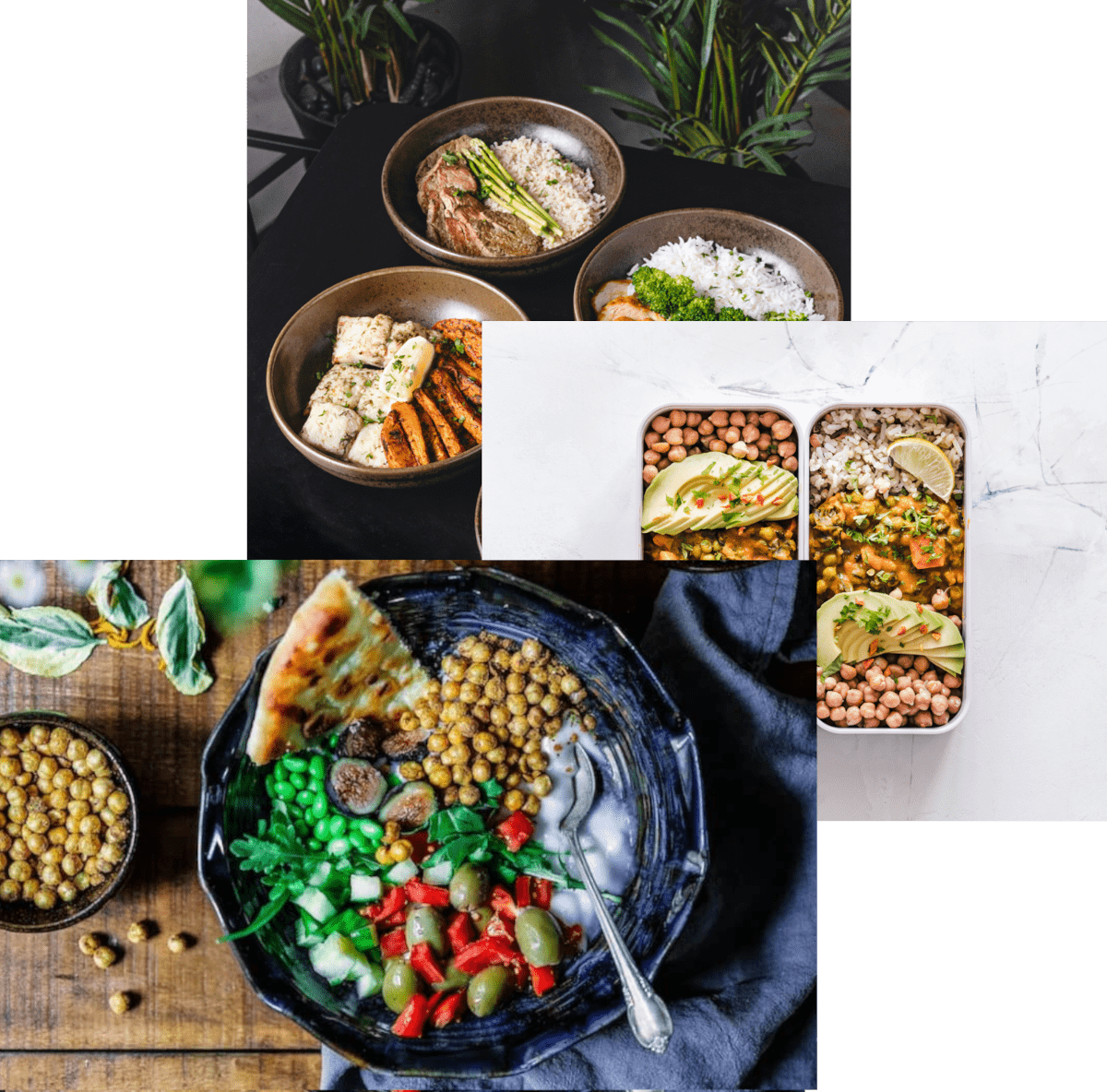 healthy food, meals in storage container, and food bowls on a table